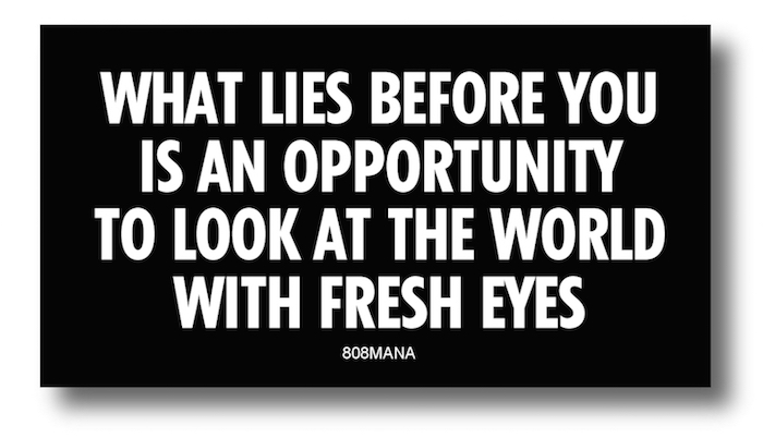 #196 WHAT LIES BEFORE YOU IS AN OPPORTUNITY TO LOOK AT THE WORLD WITH FRESH EYES - VINYL STICKER - ©808MANA - BIG ISLAND LOVE LLC - ALL RIGHTS RESERVED