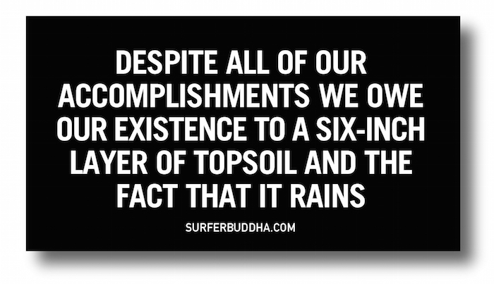 #874 DESPITE ALL OF OUR ACCOMPLISHMENTS WE OWE OUR EXISTENCE TO A SIX-INCH LAYER OF TOPSOIL AND THE FACT THAT IT RAINS - VINYL STICKER - ©808MANA - BIG ISLAND LOVE LLC